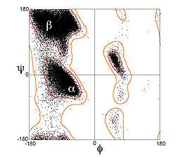 Sasisekharan-Ramakrishnan-Ramachandran diagram Describes allowed mainchain conformations. Horizontal φ, vertical ψ, typically ω = 180 o.