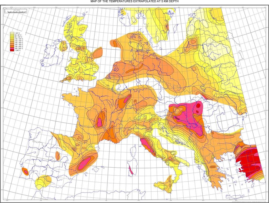 Θερμοκρασίες (θεωρητικά υπολογισμένες) σε βάθος 5km στην Ευρώπη < 60 C 60-80 C