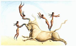 Ένα ιερό αγώνισμα με ακροβασίες πάνω στον ταύρο ήταν τα "ταυροκαθάψια"(αγόρια - με σκούρο