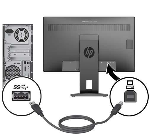 4. Συνδέστε το βύσμα σύνδεσης Τύπου Β του καλωδίου USB αποστολής δεδομένων στη θύρα USB αποστολής δεδομένων στο πίσω μέρος της οθόνης και το βύσμα σύνδεσης Τύπου Α του καλωδίου στη θύρα USB λήψης