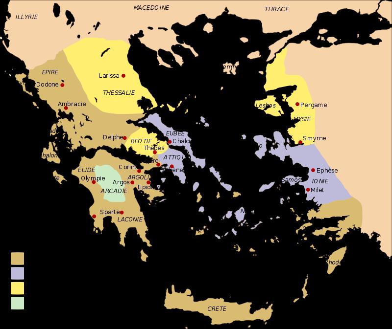 Carte de répartition des différents dialectes du grec ancien. Lecture de l image - Combien de dialectes grecs existe-t-il? - En combien de grands groupes sont-ils classés?