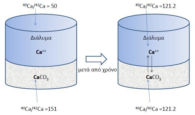 Μηχανισμός Ισοτοπικής Ομογενοποίησης ανταλλαγή σταθερών ισοτόπων Ca μεταξύ ιζήματος νερού τελικά οι ισοτοπικοί λόγοι θα είναι ίσοι Το Ca έχει 5 σταθερά ισότοπα: 40 Ca, 42 Ca, 43 Ca, 44 Ca και 46