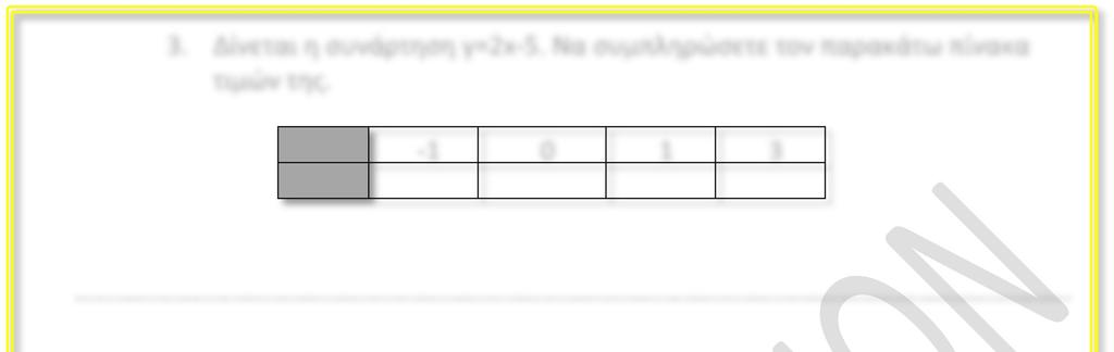 ΣΤΟΛΗ ΧΡΙΣΤΙΝΑ 2 3. Δίνεται η συνάρτηση y=2x-5. Να συμπληρώσετε τον παρακάτω πίνακα τιμών της. x -1 0 1 3 y 4.