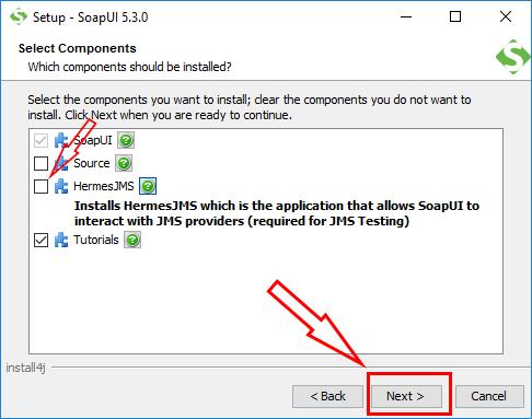 Στην επόμενη οθόνη αποεπιλέγουμε το HermesJMS, καθώς δε θα χρησιμοποιηθεί. Προαιρετικά μπορείτε να αφήσετε επιλεγμένα προς εγκατάσταση τα Tutorials του SoapUI. Τέλος, πατάμε Next.