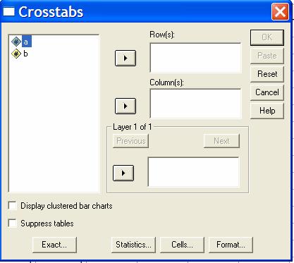 Εικ.2. Στο αριστερό πεδίο του πλαισίου διαλόγου «Crosstabs» περιλαμβάνονται οι μεταβλητές του αρχείου (π.χ. οι μεταβλητές a και b).