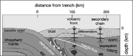 Δομή-Πετρογένεση στο Νησιωτικό Τόξο Η καταβυθιζόμενη πλάκα στη συνέχεια μεταμορφώνεται στην κυανοσχιστολιθική φάση, μετέπειτα Απόσταση από την τάφρο (km) στην αμφιβολιτική Ηφαιστειακό Μέτωπο και