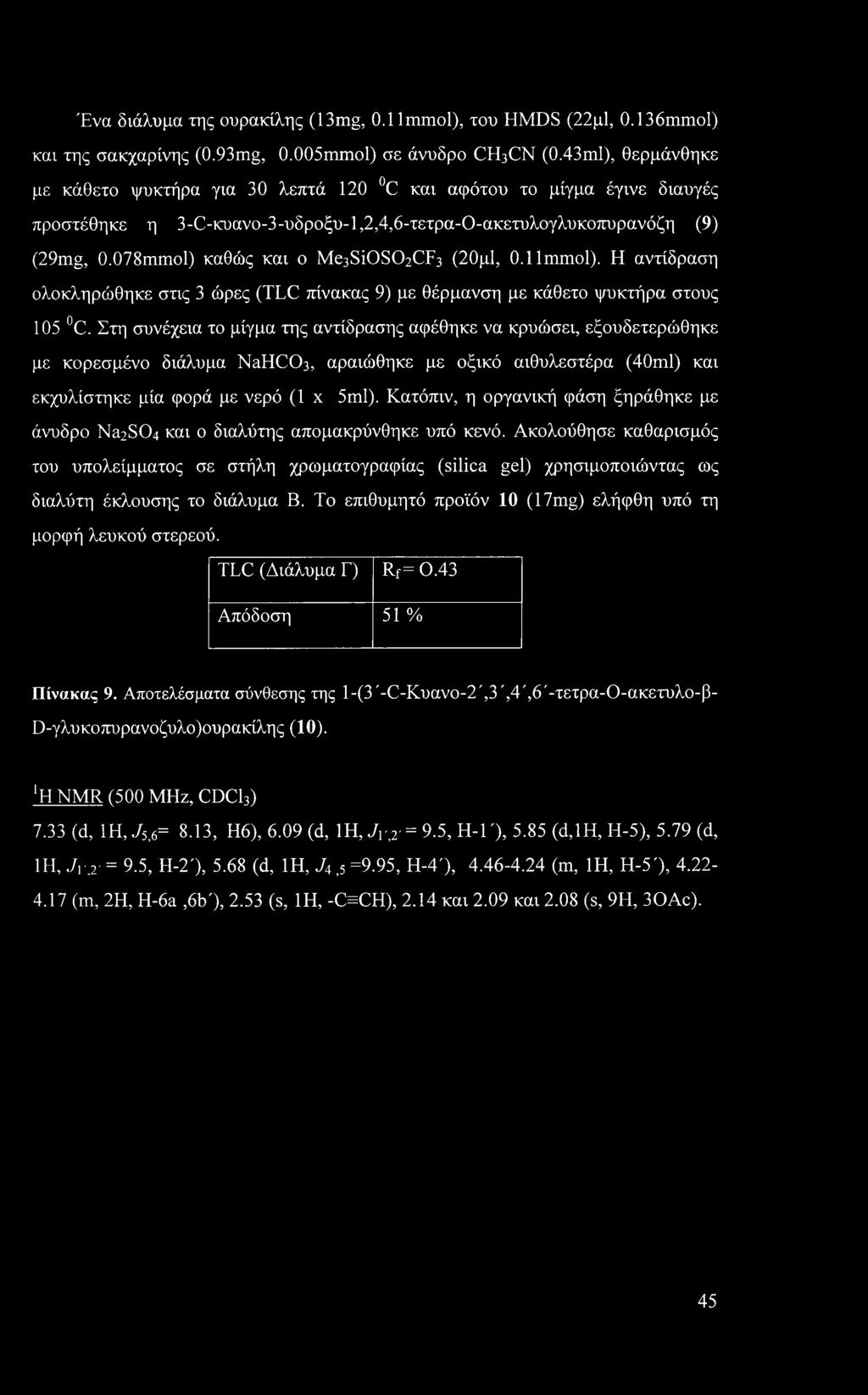 078mmol) καθώς και ο Me3Si0S02CF3 (20μ1, O.llmmol). Η αντίδραση ολοκληρώθηκε στις 3 ώρες (TLC πίνακας 9) με θέρμανση με κάθετο ψυκτήρα στους 105 C.