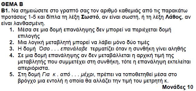 1-γ, 2-α, 3-β 1-Λ, 2-Λ, 3-Λ, 4-Σ, 5-Λ Δίνεται το παρακάτω τμήμα αλγορίθμου, όπου έχουν αριθμηθεί οι εντολές: 0: 1: 2: 3: 4: 5: Σ 20 Χ 10 Όσο Χ< 100 επανάλαβε Χ Χ + 20 Σ Σ+Χ