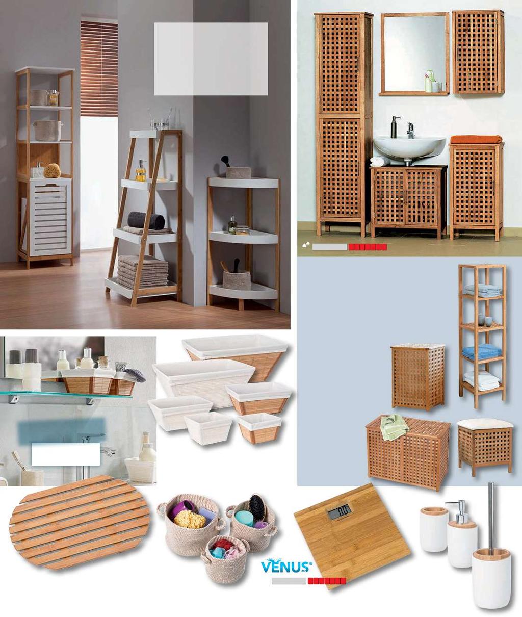 3 Bambusové regály Puro prevedenie: kombinácia bambus a bielej MDF 1 rohový regál Alina 32 x 32 x v 80 cm 30, 99 2 regál Barry 4-poschodový, 44 x 37 x v 110 cm 44, 99 3 regál Delia s košom na