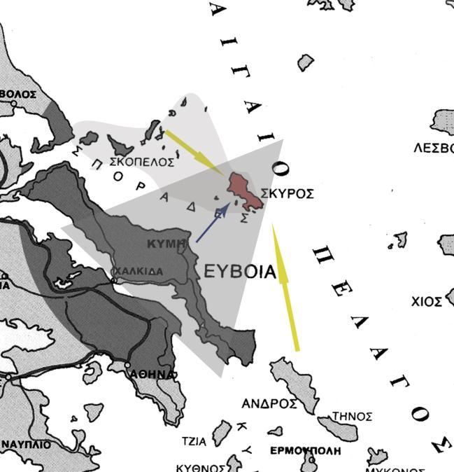 σύμπλεγμα μαζί με τις νησίδες κυροπούλα, Βαλάξα και αρακινό, που βρίσκονται σε μικρή απόσταση από τις νότιες και δυτικές ακτές της. Εικόνα 1. Η γεωγραφική θέση της νήσου στον αιγαιακό χώρο.