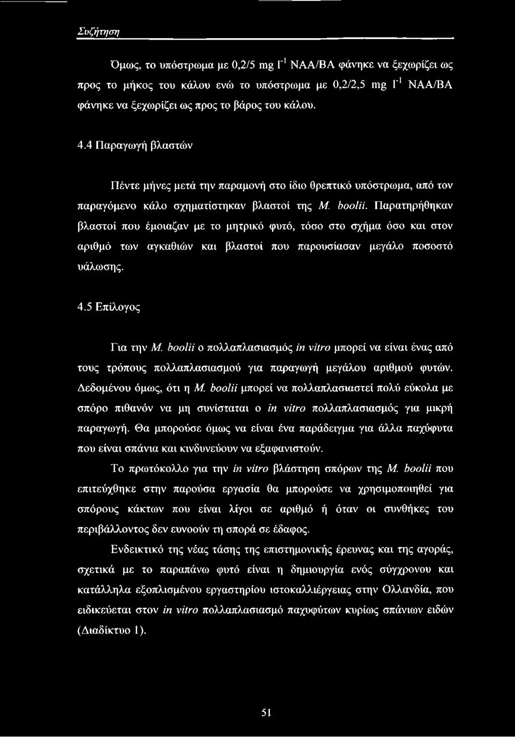 Παρατηρήθηκαν βλαστοί που έμοιαζαν με το μητρικό φυτό, τόσο στο σχήμα όσο και στον αριθμό των αγκαθιών και βλαστοί που παρουσίασαν μεγάλο ποσοστό υάλωσης. 4.5 Επίλογος Για την Μ.