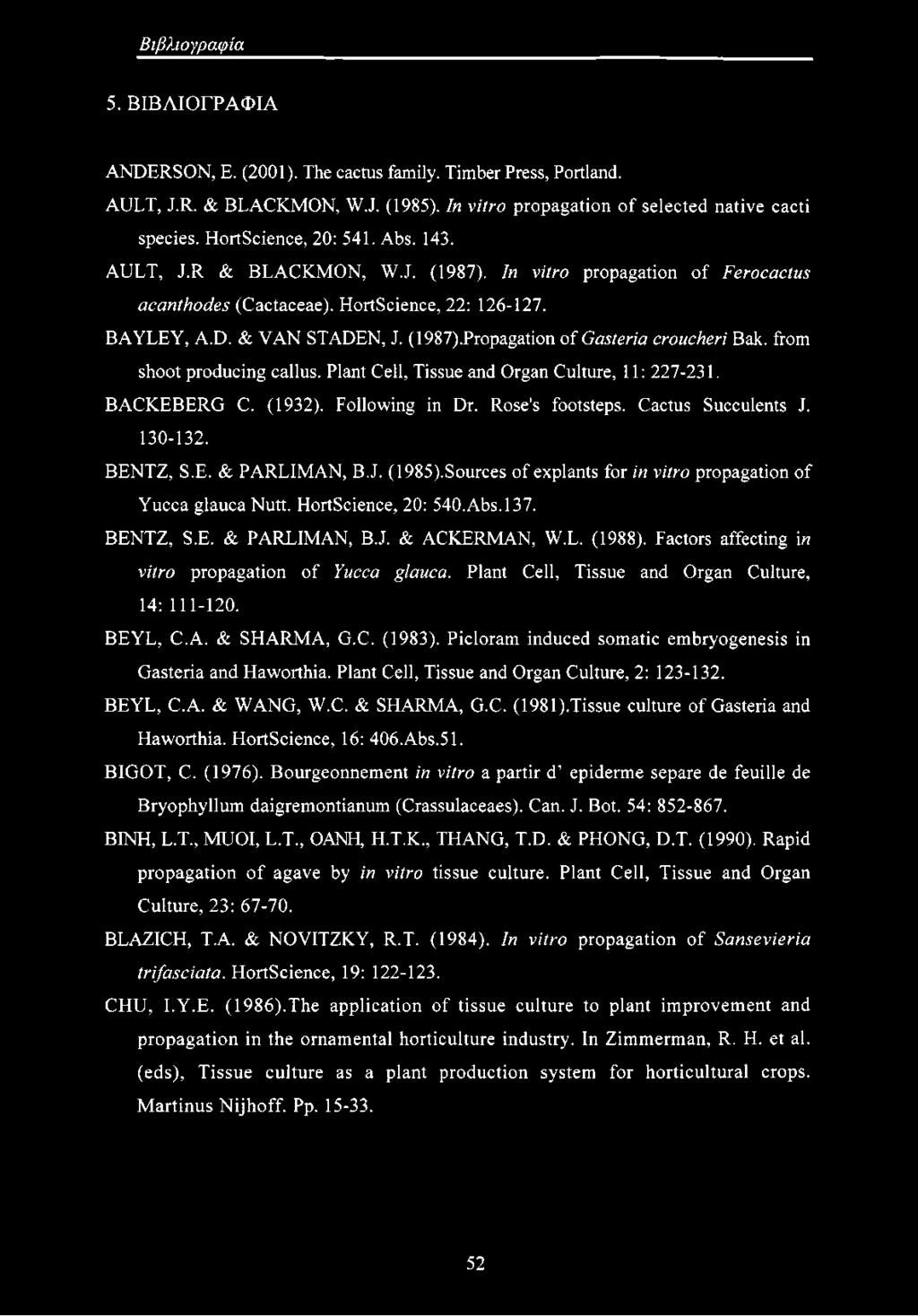 from shoot producing callus. Plant Cell, Tissue and Organ Culture, 11: 227-231. BACKEBERG C. (1932). Following in Dr. Rose's footsteps. Cactus Succulents J. 130-132. BENTZ, S.E. & PARLIMAN, B.J. (1985).