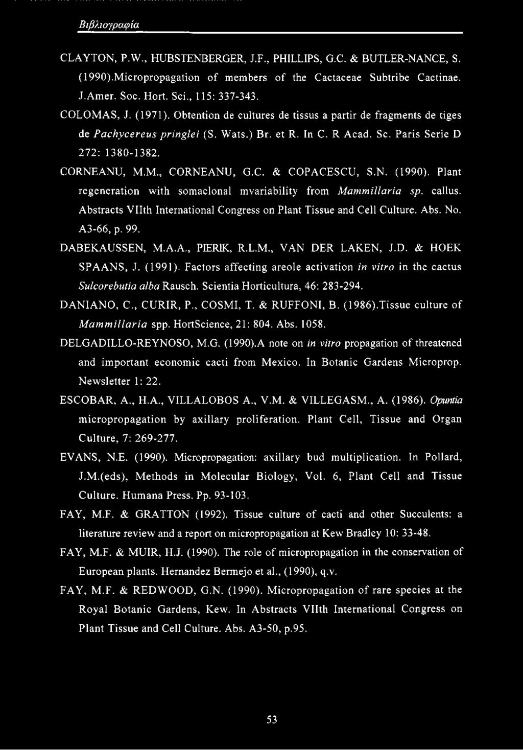C. & COPACESCU, S.N. (1990). Plant regeneration with somaclonal mvariability from Mammillaria sp. callus. Abstracts Vllth International Congress on Plant Tissue and Cell Culture. Abs. No. A3-66, p.