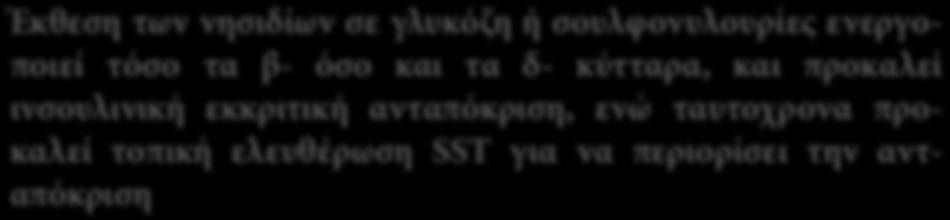 H δράση της SST στο β-κύτταρο Έκθεση των νησιδίων σε γλυκόζη ή σουλφονυλουρίες ενεργοποιεί τόσο τα β- όσο και τα δ- κύτταρα,