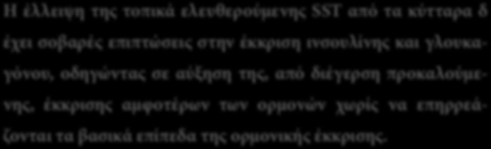Συμπεράσματα Η έλλειψη της τοπικά ελευθερούμενης SST από τα κύτταρα δ έχει σοβαρές επιπτώσεις στην έκκριση ινσουλίνης και γλουκαγόνου,