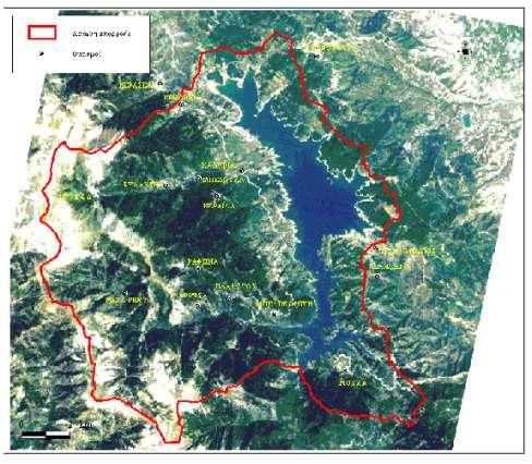 Περιοχή μελέτης και έργα Δορυφορική εικόνα Landsat Λήψη 21/8/1999, ώρα 9:30 τοπική Λεκάνη απορροής έκτασης 161.