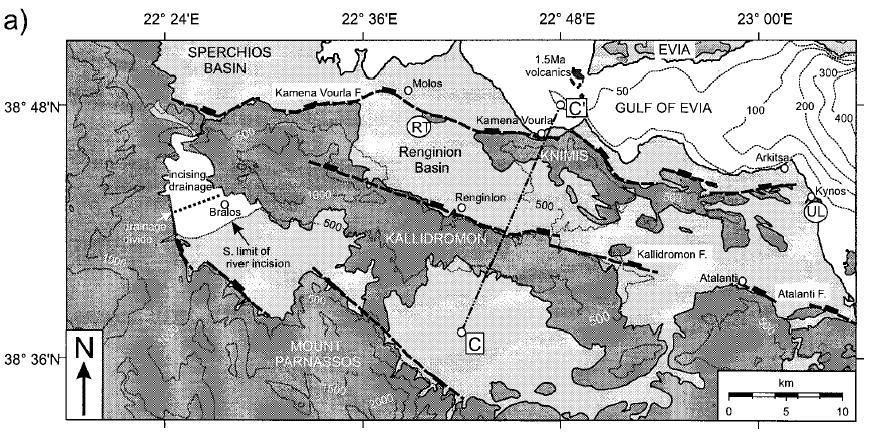 Η ζώνη του Καλλίδρομου αποτελεί μια παράλληλη ρηξιγενή ζώνη 8 km νοτιότερα της παράκτιας ζώνης η οποία έχει ανυψώσει τους αλπικούς σχηματισμούς 600-700m πάνω από τις μεταλπικές αποθέσεις της λεκάνης