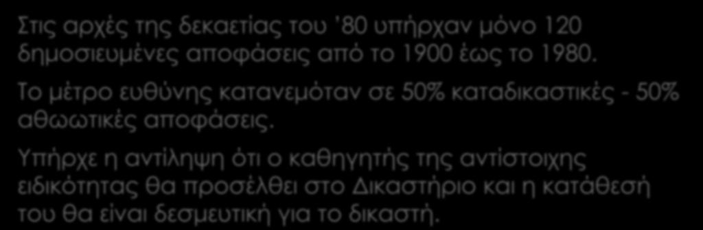 Στις αρχές της δεκαετίας του 80 υπήρχαν μόνο 120 δημοσιευμένες αποφάσεις από το 1900 έως το 1980.