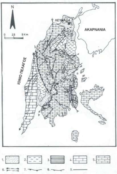 - 43-2.ΧΑΡΑΚΤΗΡΙΣΤΙΚΑ ΕΥΡΥΤΕΡΗΣ ΠΕΡΙΟΧΗΣ Χάρτης 4: Γεωλογικός Χάρτης Νήσου Λευκάδας 2.3.2 Νεοτεκτονικές συνθήκες Απόρροια του σύγχρονου γεωδαιτικού καθεστώτος είναι το πυκνό δίκτυο ρηγμάτων, τα οποία