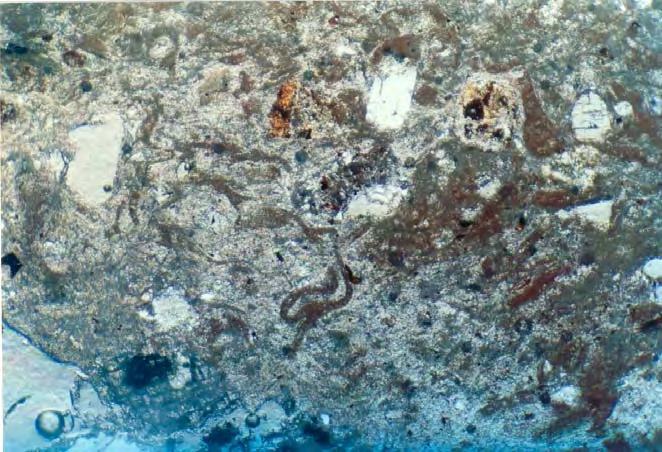 Φωτογραφία 5. 17: Λεπτά (πυροκλαστικά) και σε μορφή «μπλοκ» (υαλοκλαστικά) αφυαλωμένα και οξειδωμένα θραύσματα γυαλιού μέσα σε συγκολλητικό υλικό σε μέγεθος αργίλου στη μονάδα GR.