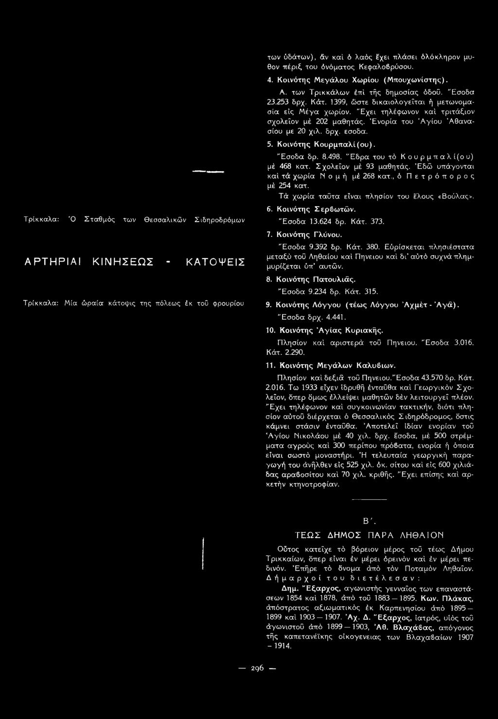 Ενορία του 'Αγίου Αθανασίου με 20 χιλ. δρχ. έσοδα. 5. Κοινότης Κουρμπαλί(ου). Έσοδα δρ. 8.498. 'Έδρα του τό Κουρμπαλ ί(ο υ) μέ 468 κατ. Σχολεΐον μέ 93 μαθητάς.