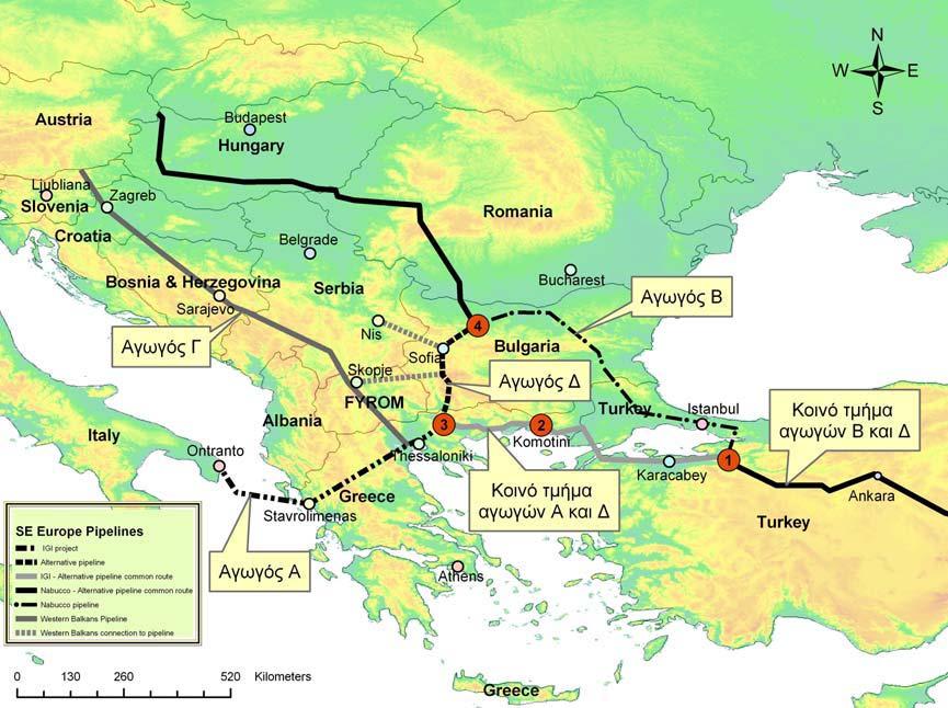 Εικόνα 5: Σύστημα μεταφοράς φυσικού αερίου Ν.Α. Ευρώπης. [ Διασύνδεση Τουρκίας Ελλάδας Ιταλίας (αγωγός Α στον χάρτη). Ο αγωγός Τουρκίας Ελλάδας (ITG project).