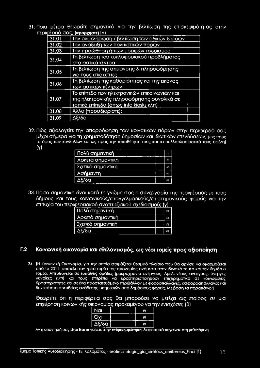 05 Τη βελτίωση της σήμανσης & πληροφόρησης για τους επισκέπτες 31.06 Τη βελτίωση της καθαριότητας και της εικόνας των αστικών κέντρων Το επίπεδο των ηλεκτρονικών επικοινωνιών και 31.