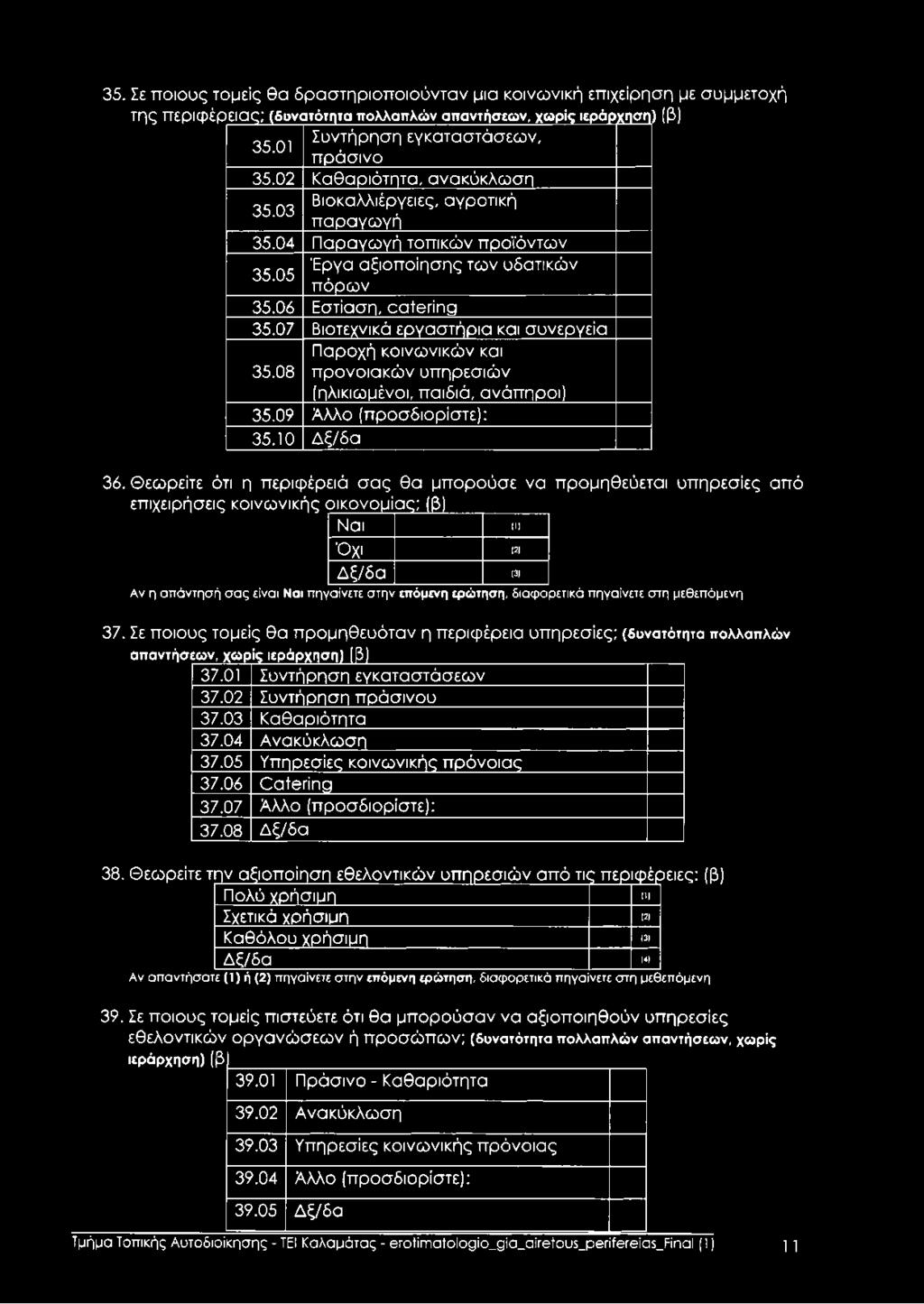 07 Βιοτεχνικά εργαστήρια και συνεργεία Παροχή κοινωνικών και 35.08 προνοιακών υπηρεσιών (ηλικιωμένοι, παιδιά, ανάπηροι) 35.09 Αλλο (προσδιορίστε): 35.10 Δξ/δα 36.