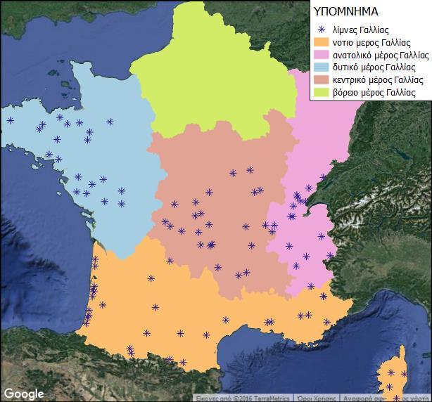 Χάρτης 2: Κατανομή λιμνών ΣΥΣΧΕΤΙΣΕΙΣ ΓΙΑ ΤΙΣ ΛΙΜΝΕΣ ΣΤΟ ΝΟΤΙΟ ΜΕΡΟΣ ΤΗΣ ΓΑΛΛΙΑΣ ΚΑΙ ΣΥΓΚΕΝΤΡΩΣΗ ΧΛΩΡΟΦΥΛΛΗΣ-α 0,3-116 ug/l Στον πίνακα 15 βλέπουμε ότι 4 δείκτες συσχετίζονται καλά με τα in