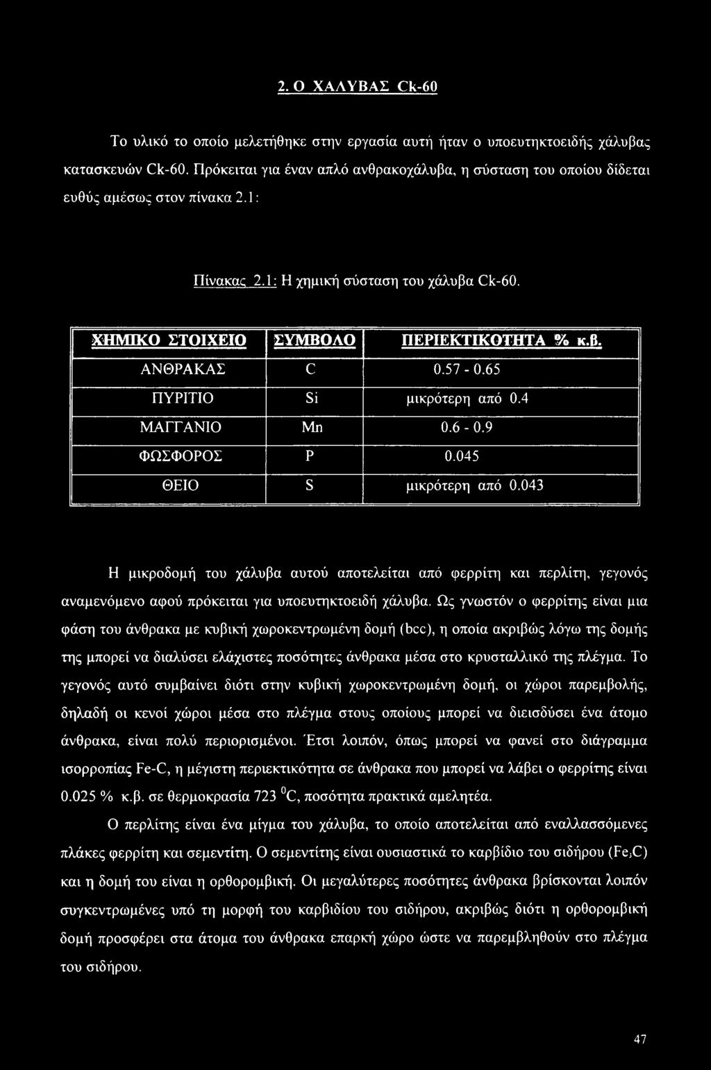 57-0.65 ΠΥΡΙΤΙΟ Si μικρότερη από 0.4 ΜΑΓΓΑΝΙΟ Μη 0.6-0.9 ΦΩΣΦΟΡΟΣ Ρ 0.045 ΘΕΙΟ S μικρότερη από 0.