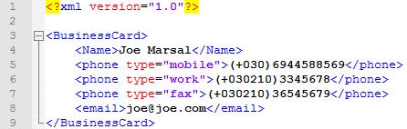XML Schema Άσκηση 3 (1/3) Δίνεται το παρακάτω XML Έγγραφο (businesscard.xml). Να γραφεί το XML Schema για το παραπάνω έγγραφο και να γίνει validate χρησιμοποιώντας ένα XML Spy Εργαλείο (π.χ. Trial version of Altova).