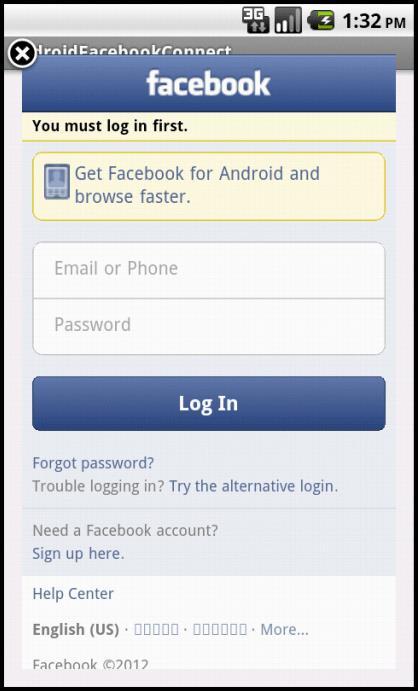 Σχήμα 5.5 Login στο λογαριασμό του χρήστη στο Facebook. Για την υλοποίηση του κουμπιού «Login» κάνουμε χρήση της κλάσης Session, η οποία δίδεται από το Facebook SDK.