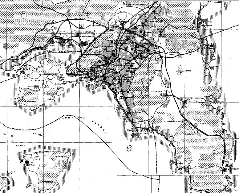 Εικόνα 2.3 :Το πρώτο νομικά κατοχυρωμένο ρυθμιστικό σχέδιο του 1985, το οποίο χώριζε την πρωτεύουσα σε μικρά τοπικά κέντρα, όπως φαίνονται και στο σχέδιο με μαύρους κύκλους.