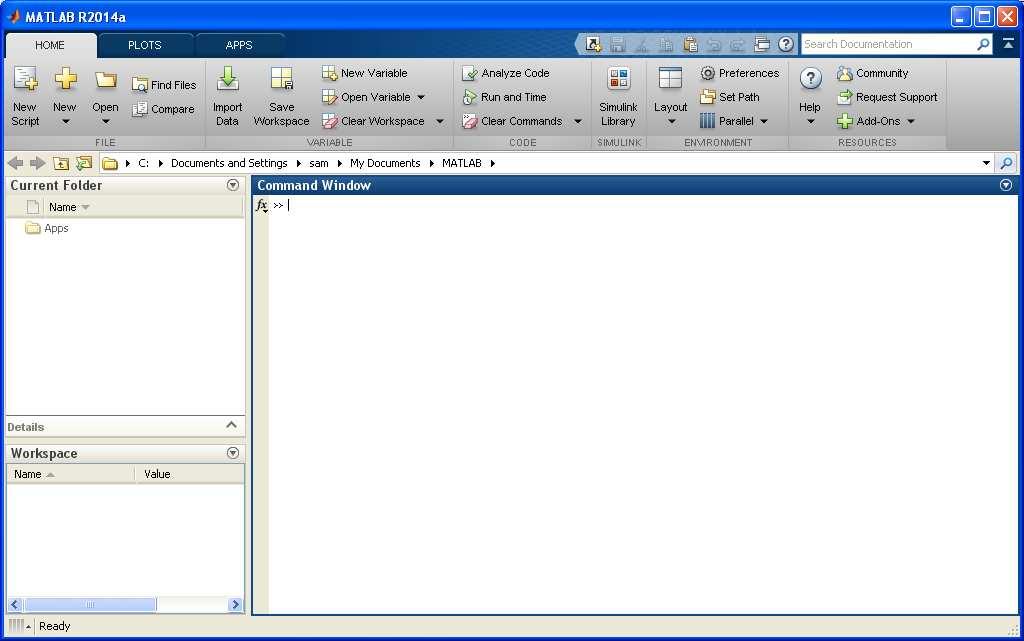 Εικόνα 1 : Επιφάνεια εργασίας Matlab (Matlab desktop) Η επιφάνεια εργασίας του Matlab αποτελείται από τα εξής επιµέρους παράθυρα Παράθυρο εντολών (Command Window) : Το βασικό παράθυρο στο οποίο