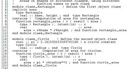 Παράδειγμα 2 FTN-OOP Δίνεται πρόγραμμα γεωμετρίας που χρησιμοποιεί δύο διαφορετικές κλάσεις: class circle και class rectangle, όπως αναπαρίσταται γραφικά στα Σχήματα 3.1, 3.2. Ο κώδικας σε F90 όπως φαίνεται στο Σχ.