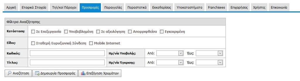 Δημιουργία προσφοράς Στην καρτέλα «Προσφορές», εντός των οριζόμενων από τον οδηγό προθεσμιών, δίνεται η δυνατότητα δημιουργίας νέων προσφορών και εμφανίζονται οι