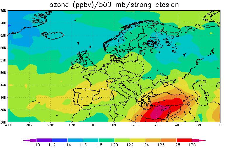 Στο ςχιμα 3.28 απεικονίηεται το όηον ςτα 500mb. Στθν περιοχι τθσ ανατολικισ Μεςογείου τόςο για τουσ ιςχυροφσ όςο και για τουσ αςκενείσ ετθςίεσ οι τιμζσ του όηοντοσ ανζρχονται ςτα 122-126 ppbv.