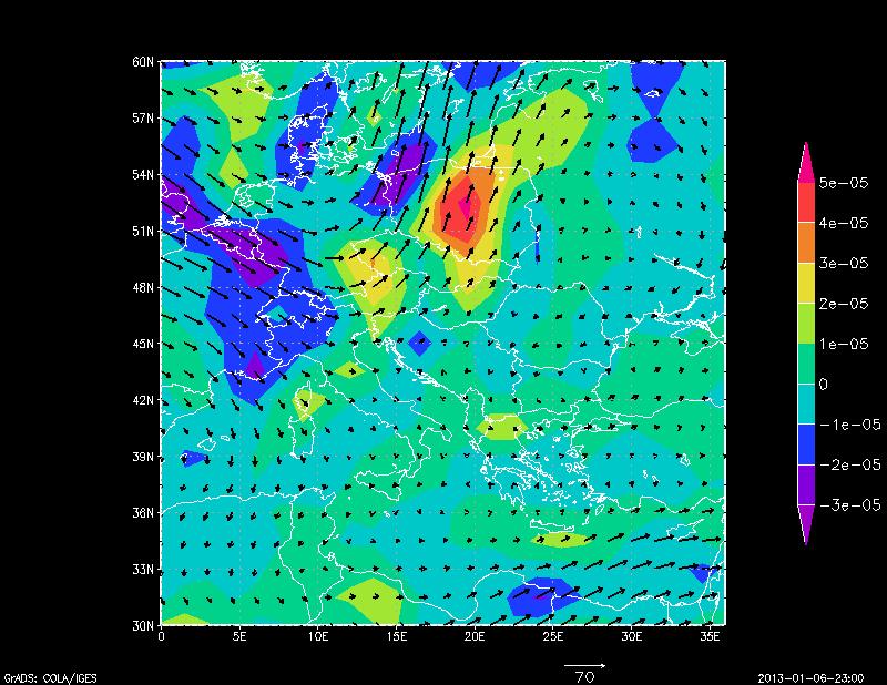 εικόνα 106β). Στον χάρτη µε το σχετικό στροβιλισµό στα 300 mb (εικόνα 106β), παρατηρείται ότι στα ανατολικά αλκάνια αυτός είναι θετικός µε µέτριες τιµές (κόκκινο βέλος).