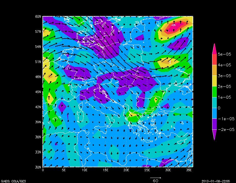 στα 500 mb παρατηρείται ότι οι άνεµοι είναι βόρειοι-βορειοδυτικοί και ο στροβιλισµός αποκτά µεγάλες θετικές τιµές στην βορειοανατολική Ελλάδα και τη ουλγαρία (κόκκινο βέλος στην