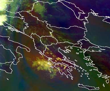 Ε Ζ Ε Η 9:30 Γ Α 11:00 Γ Α α) β) Θ Ε Ζ Γ Η Α 13:00 15:00 γ) δ) Εικόνα 144: Προϊόν RGB µε τις αέριες µάζες στην περιοχή ενδιαφέροντος στις α) 9:30, β)