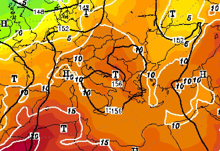 σε αυτή των 850 mb κυµαίνεται από 10 έως 15 o C. Η διαφορά των θερµοκρασιών των δυο αυτών επιφανειών είναι πολύ µεγαλύτερη από την τυπική θερµοβαθµίδα του υγρού ακόρεστου αέρα που είναι 6.