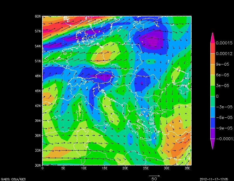και κόκκινα χρώµατα αντιστοιχούν σε θετικό στροβιλισµό και τα µπλε και µοβ σε αρνητικό) στις 10 Μαίου 2009 στις