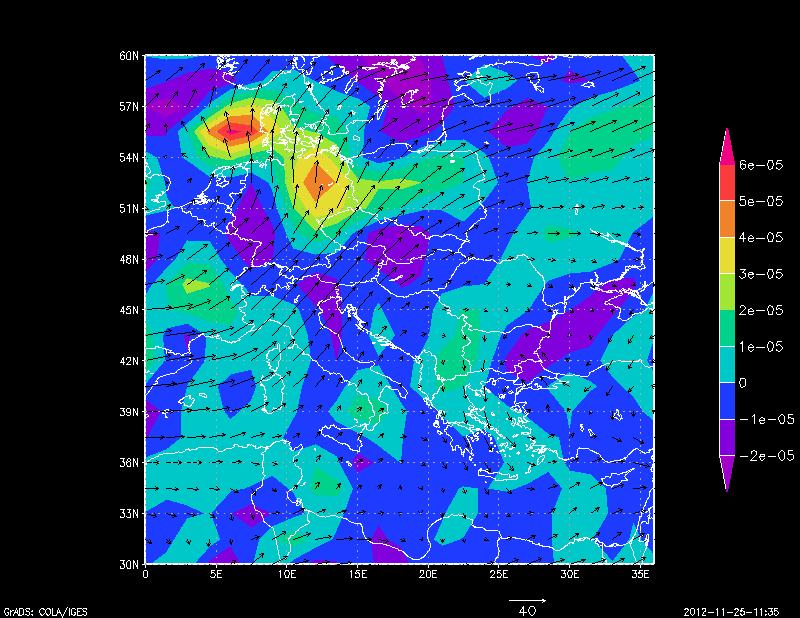 α) β) Εικόνα 52 α) Άνεµος µε βέλη και απόκλιση µε αποχρώσεις (τα κίτρινα και κόκκινα χρώµατα αντιστοιχούν σε µεγάλη και πολύ µεγάλη απόκλιση του ανέµου) και β) άνεµος και σχετικός στροβιλισµός µε