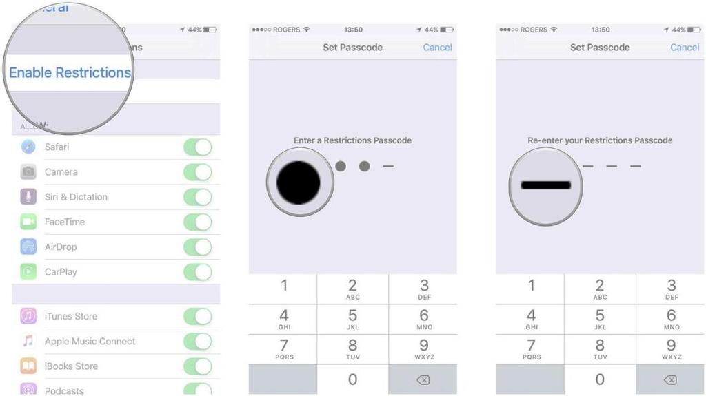 Στην οθόνη των Restrictions επιλέγετε Enable Restrictions (αν δεν είναι ήδη ενεργοποιημένο) και μετά θα σας ζητηθεί να εισάγετε τον κωδικό σας (2 φορές).
