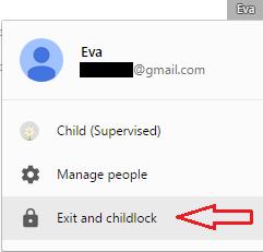 Αφού κάνετε αυτές τις ρυθμίσεις επιστρέψετε στο εικονίδιο του χρήστη σας, επάνω δεξιά στην μπάρα του Chrome, και επιλέξτε Exit and childlock.
