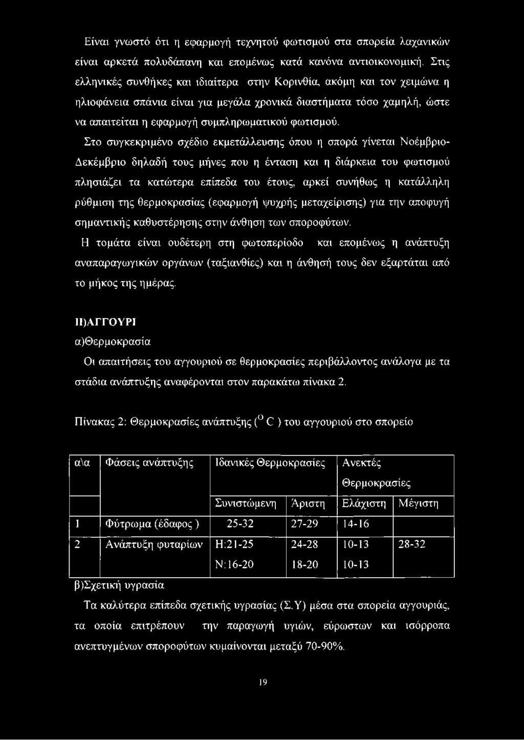 Στο συγκεκριμένο σχέδιο εκμετάλλευσης όπου η σπορά γίνεται Νοέμβριο- Δεκέμβριο δηλαδή τους μήνες που η ένταση και η διάρκεια του φωτισμού πλησιάζει τα κατώτερα επίπεδα του έτους, αρκεί συνήθως η