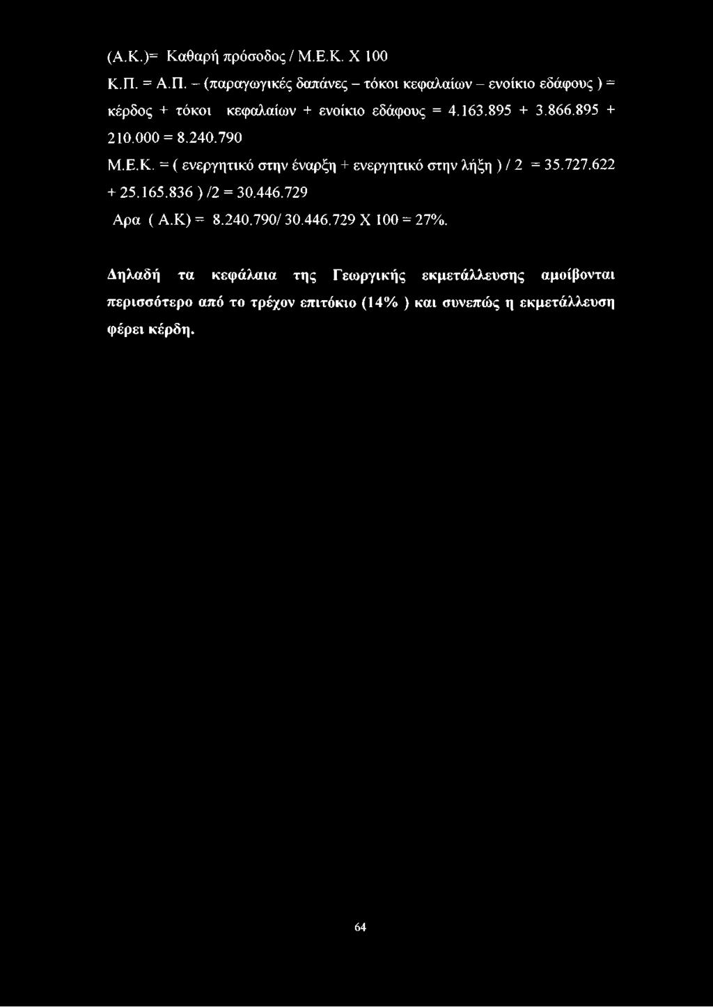 (Α.Κ.)= Καθαρή πρόσοδος / Μ.Ε.Κ. X 100 Κ.Π. = Α.ΓΊ. - (παραγωγικές δαπάνες - τόκοι κεφαλαίων - ενοίκιο εδάφους ) = κέρδος + τόκοι κεφαλαίων + ενοίκιο εδάφους = 4.163.895 + 3.866.895 + 210.000 = 8.240.