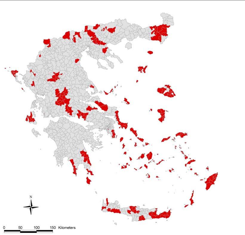 3. ΙΑΘΕΣΙΜΟ ΥΝΑΜΙΚΟ Περιοχές µεέντονη συγκέντρωση δυναµικού Αιολικής Ενέργειας σύµφωνα µε τοποσοστό κάλυψης στο επίπεδο του δήµου. Περιοχές µε µ.ε.τ. > 5.