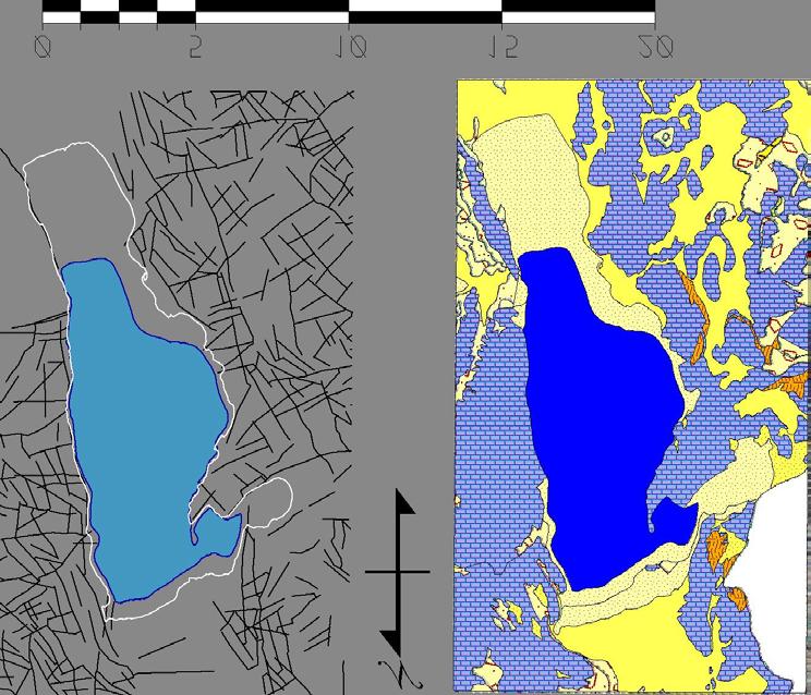 Fig.5: Combination of vector data concerning part of the Vegoritida lake coastline, as these have been obtained from the topographic map of Geographical Service Army, the 1986 image (A), the 1996