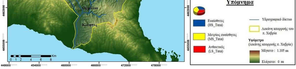 Εικόνα 4.9.7. Αριθµός ταξινοµικών οµάδων µε βάση την ευαισθησία τους σύµφωνα µε το Ε.Συ.Α. για κάθε σταθµό δειγµατοληψίας στη λεκάνη απορροής του ποταµού Χαβρία κατά την περίοδο της χαµηλής ροής (Νοέµβριος, 2011).